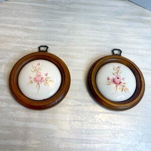 Vintage Homco Handpainted Floral Ceramic Wall Hangings with Wooden Frame